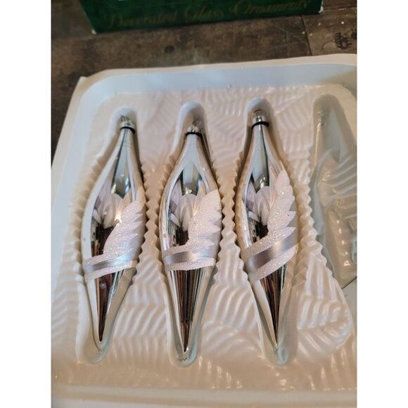 Holiday time silver blown glass tree glitter abstract long ornament Xmas decor - Picture 2 of 8